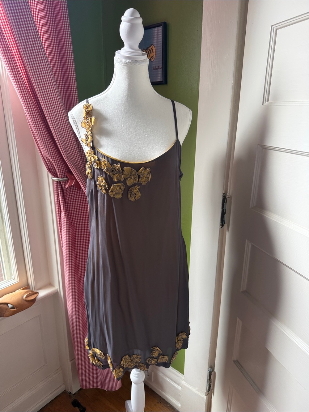 French Connection Gray Slip Dress with Mustard Floral Appliqués, Sz 12